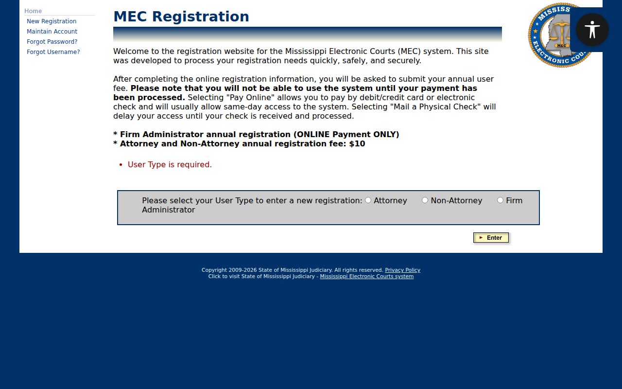 Clarke County case search image for Mississippi Electronic Courts registration
