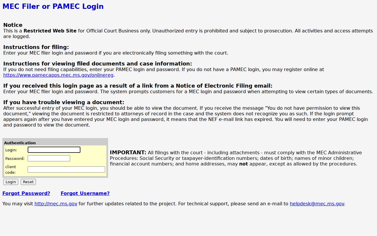 Clarke County civil dockets Chancery MEC restricted access notice
